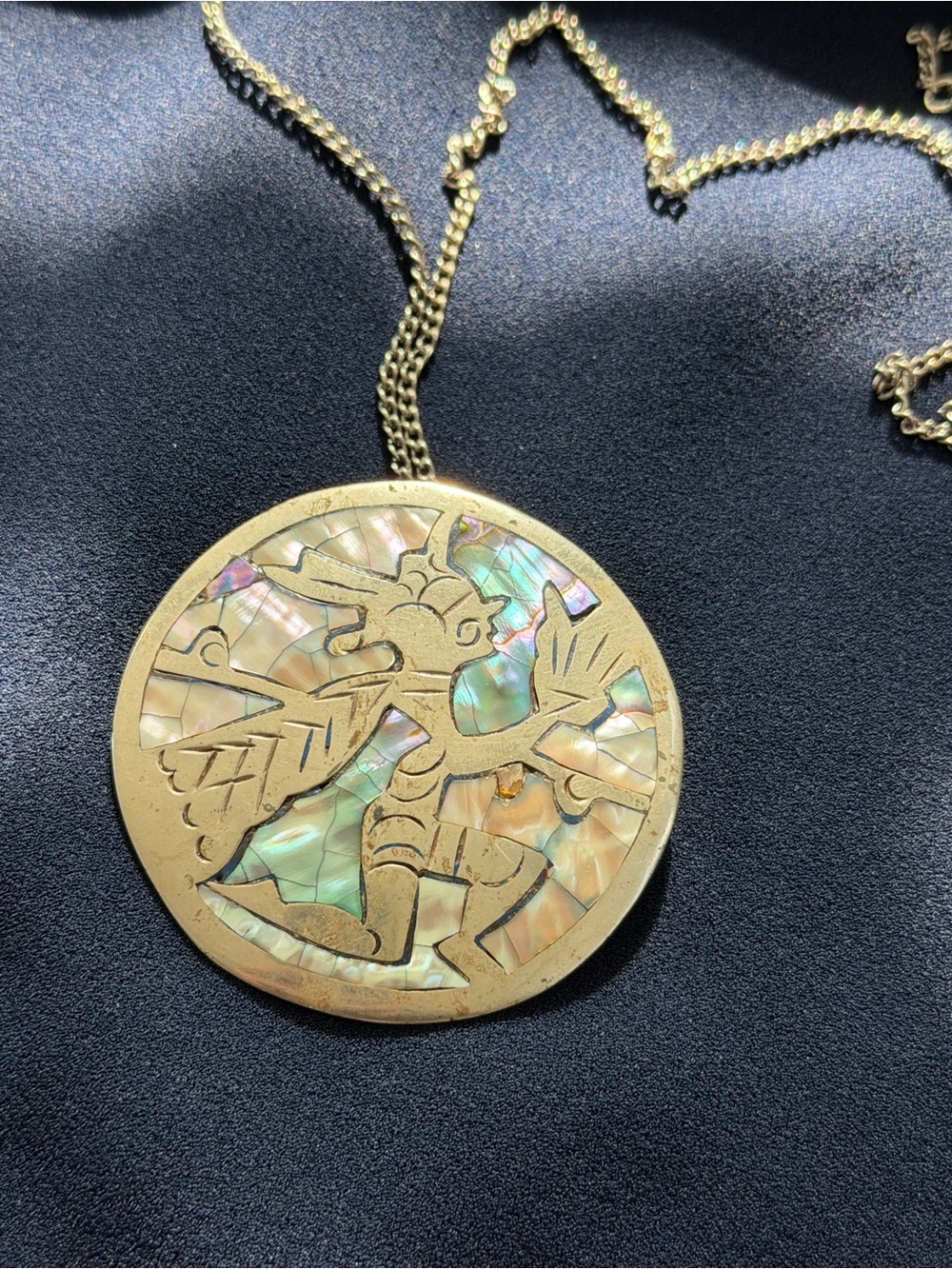 Silver-Tone Abalone Inlay Round Pendant Necklace - made in Mexico